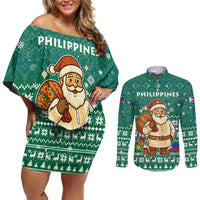 Philippines Christmas Couples Matching Off Shoulder Short Dress and Long Sleeve Button Shirt with Green Geometric Design, Santa in Barong Tagalog, and National Coat of Arms Motif - Wonder Print Shop