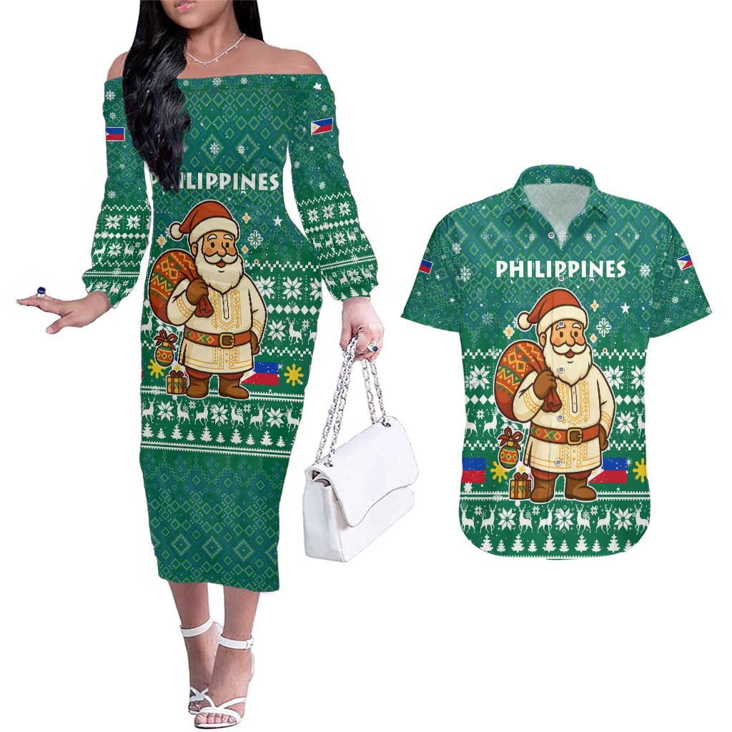 Philippines Christmas Couples Matching Off The Shoulder Long Sleeve Dress and Hawaiian Shirt with Green Geometric Design, Santa in Barong Tagalog, and National Coat of Arms Motif - Wonder Print Shop