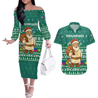 Philippines Christmas Couples Matching Off The Shoulder Long Sleeve Dress and Hawaiian Shirt with Green Geometric Design, Santa in Barong Tagalog, and National Coat of Arms Motif - Wonder Print Shop