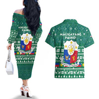 Philippines Christmas Couples Matching Off The Shoulder Long Sleeve Dress and Hawaiian Shirt with Green Geometric Design, Santa in Barong Tagalog, and National Coat of Arms Motif - Wonder Print Shop
