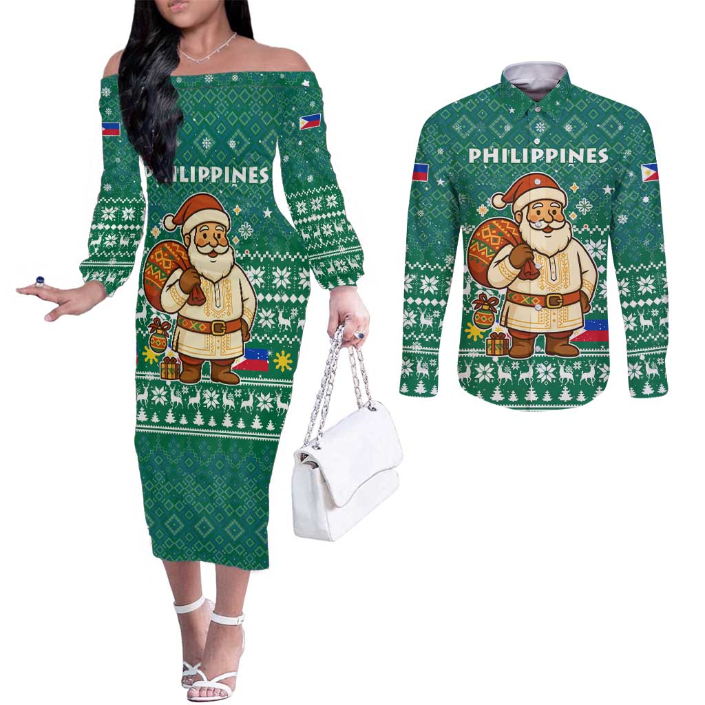 Philippines Christmas Couples Matching Off The Shoulder Long Sleeve Dress and Long Sleeve Button Shirt with Green Geometric Design, Santa in Barong Tagalog, and National Coat of Arms Motif - Wonder Print Shop