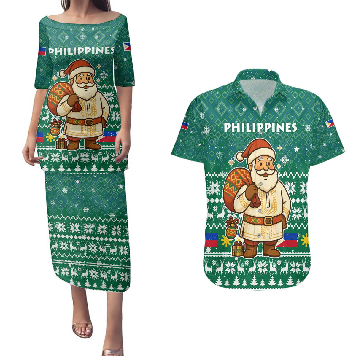 Philippines Christmas Couples Matching Puletasi and Hawaiian Shirt with Green Geometric Design, Santa in Barong Tagalog, and National Coat of Arms Motif - Wonder Print Shop