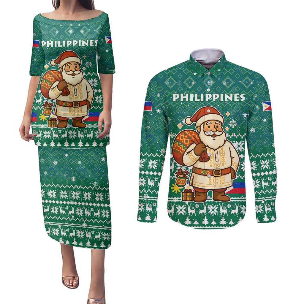 Philippines Christmas Couples Matching Puletasi and Long Sleeve Button Shirt with Green Geometric Design, Santa in Barong Tagalog, and National Coat of Arms Motif - Wonder Print Shop