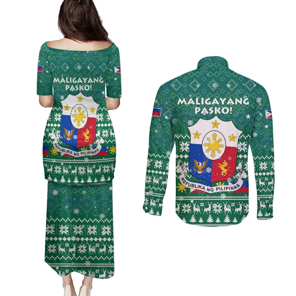 Philippines Christmas Couples Matching Puletasi and Long Sleeve Button Shirt with Green Geometric Design, Santa in Barong Tagalog, and National Coat of Arms Motif - Wonder Print Shop