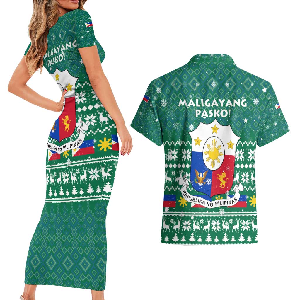 Philippines Christmas Couples Matching Short Sleeve Bodycon Dress and Hawaiian Shirt with Green Geometric Design, Santa in Barong Tagalog, and National Coat of Arms Motif - Wonder Print Shop