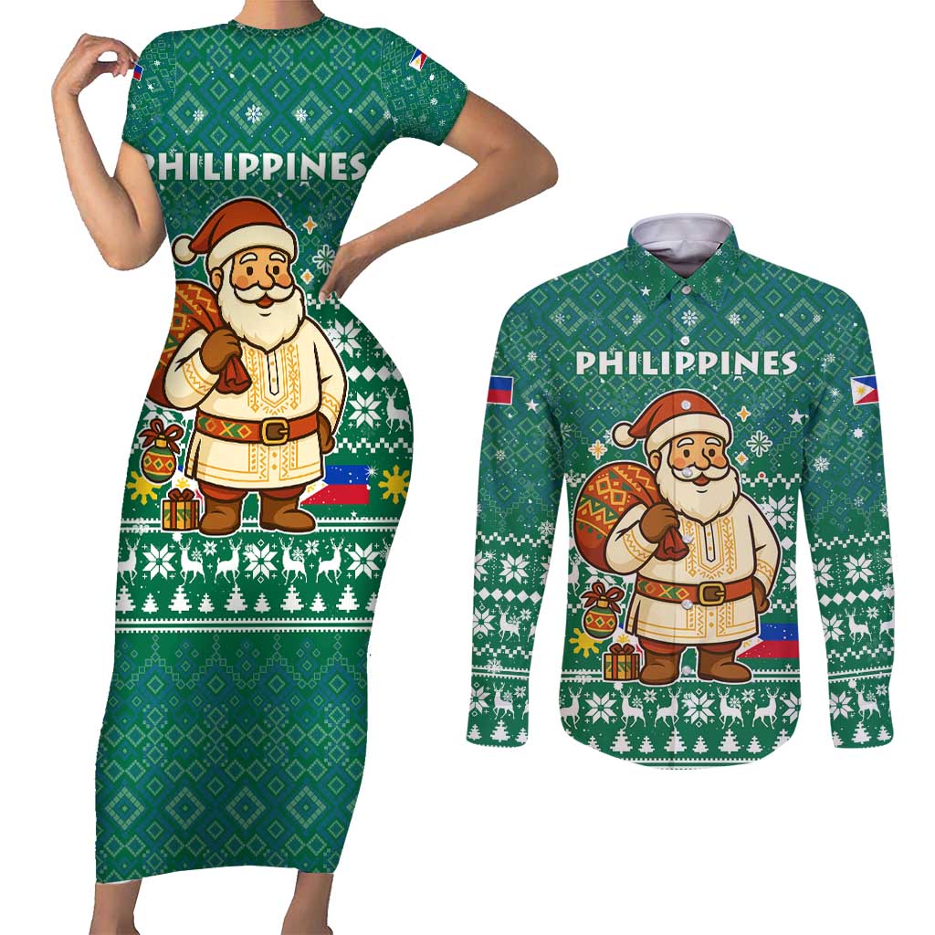 Philippines Christmas Couples Matching Short Sleeve Bodycon Dress and Long Sleeve Button Shirt with Green Geometric Design, Santa in Barong Tagalog, and National Coat of Arms Motif - Wonder Print Shop