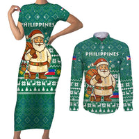 Philippines Christmas Couples Matching Short Sleeve Bodycon Dress and Long Sleeve Button Shirt with Green Geometric Design, Santa in Barong Tagalog, and National Coat of Arms Motif - Wonder Print Shop