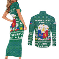 Philippines Christmas Couples Matching Short Sleeve Bodycon Dress and Long Sleeve Button Shirt with Green Geometric Design, Santa in Barong Tagalog, and National Coat of Arms Motif - Wonder Print Shop