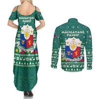 Philippines Christmas Couples Matching Summer Maxi Dress and Long Sleeve Button Shirt with Green Geometric Design, Santa in Barong Tagalog, and National Coat of Arms Motif - Wonder Print Shop
