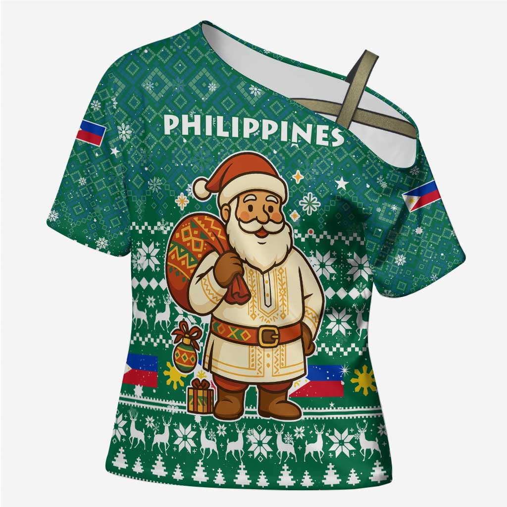 Philippines Christmas Cross Shoulder Shirt with Green Geometric Design, Santa in Barong Tagalog, and National Coat of Arms Motif - Wonder Print Shop