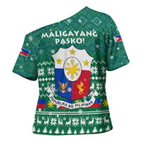Philippines Christmas Cross Shoulder Shirt with Green Geometric Design, Santa in Barong Tagalog, and National Coat of Arms Motif - Wonder Print Shop