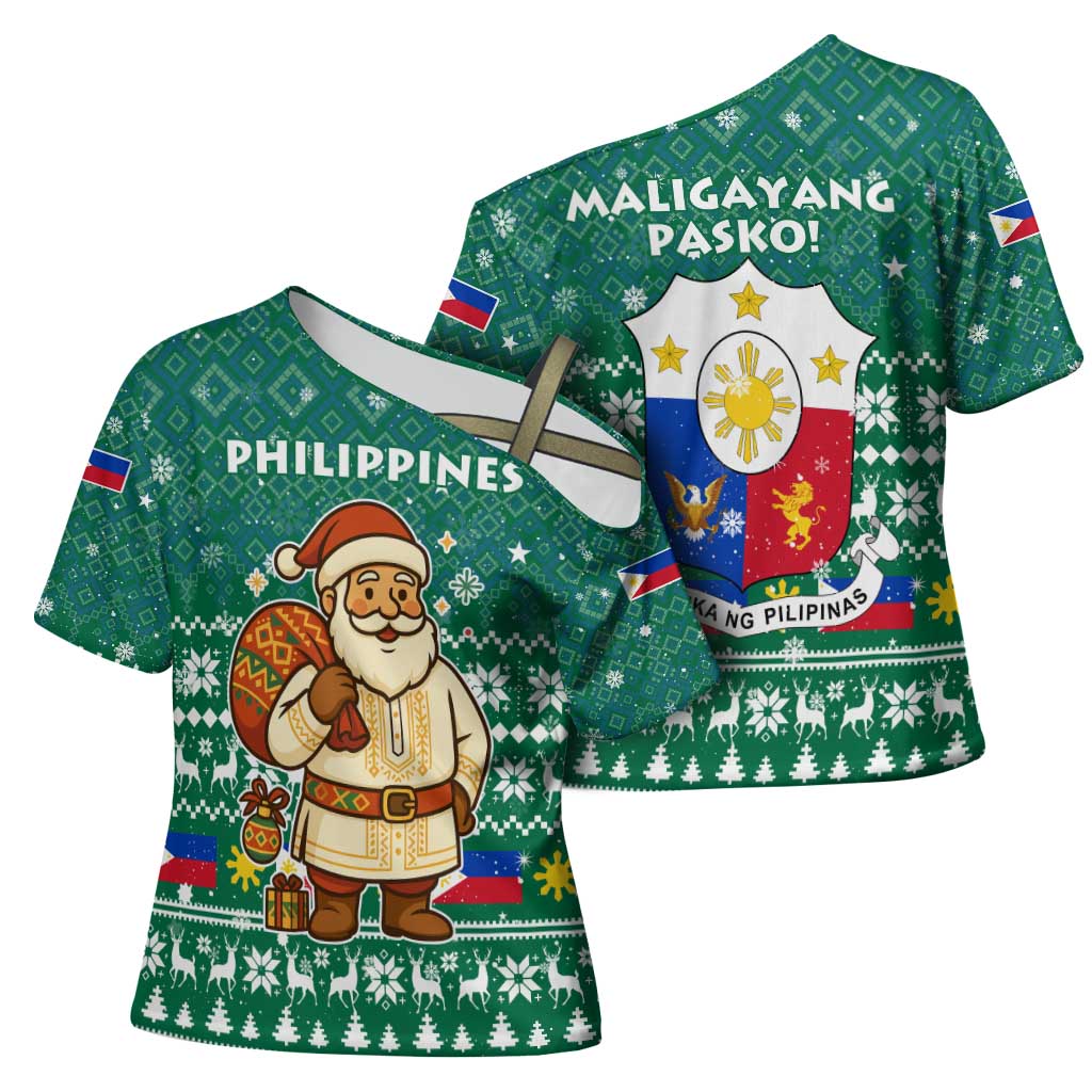 Philippines Christmas Cross Shoulder Shirt with Green Geometric Design, Santa in Barong Tagalog, and National Coat of Arms Motif - Wonder Print Shop