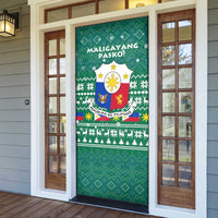 Philippines Christmas Door Cover with Green Geometric Design, Santa in Barong Tagalog, and National Coat of Arms Motif - Wonder Print Shop