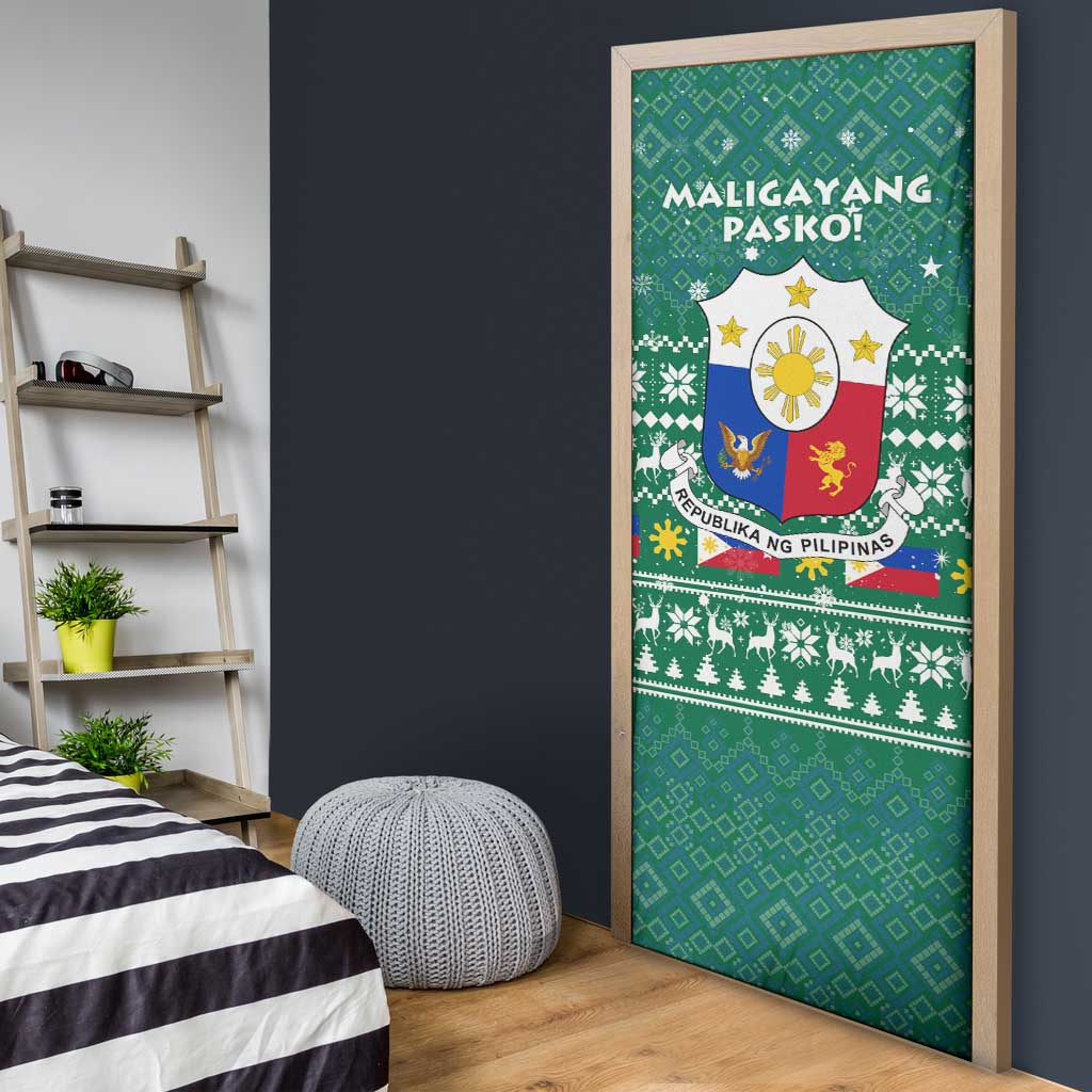 Philippines Christmas Door Cover with Green Geometric Design, Santa in Barong Tagalog, and National Coat of Arms Motif - Wonder Print Shop