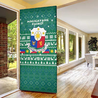 Philippines Christmas Door Cover with Green Geometric Design, Santa in Barong Tagalog, and National Coat of Arms Motif - Wonder Print Shop