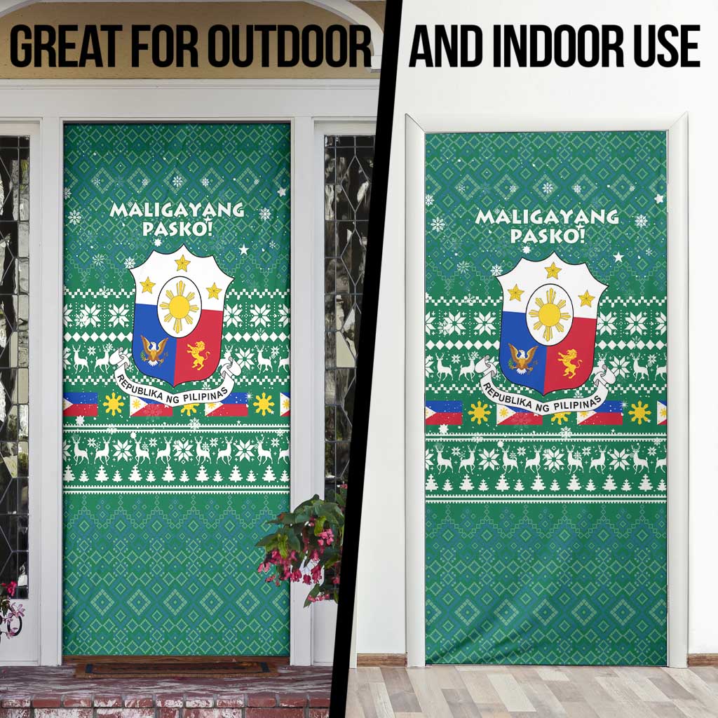 Philippines Christmas Door Cover with Green Geometric Design, Santa in Barong Tagalog, and National Coat of Arms Motif - Wonder Print Shop