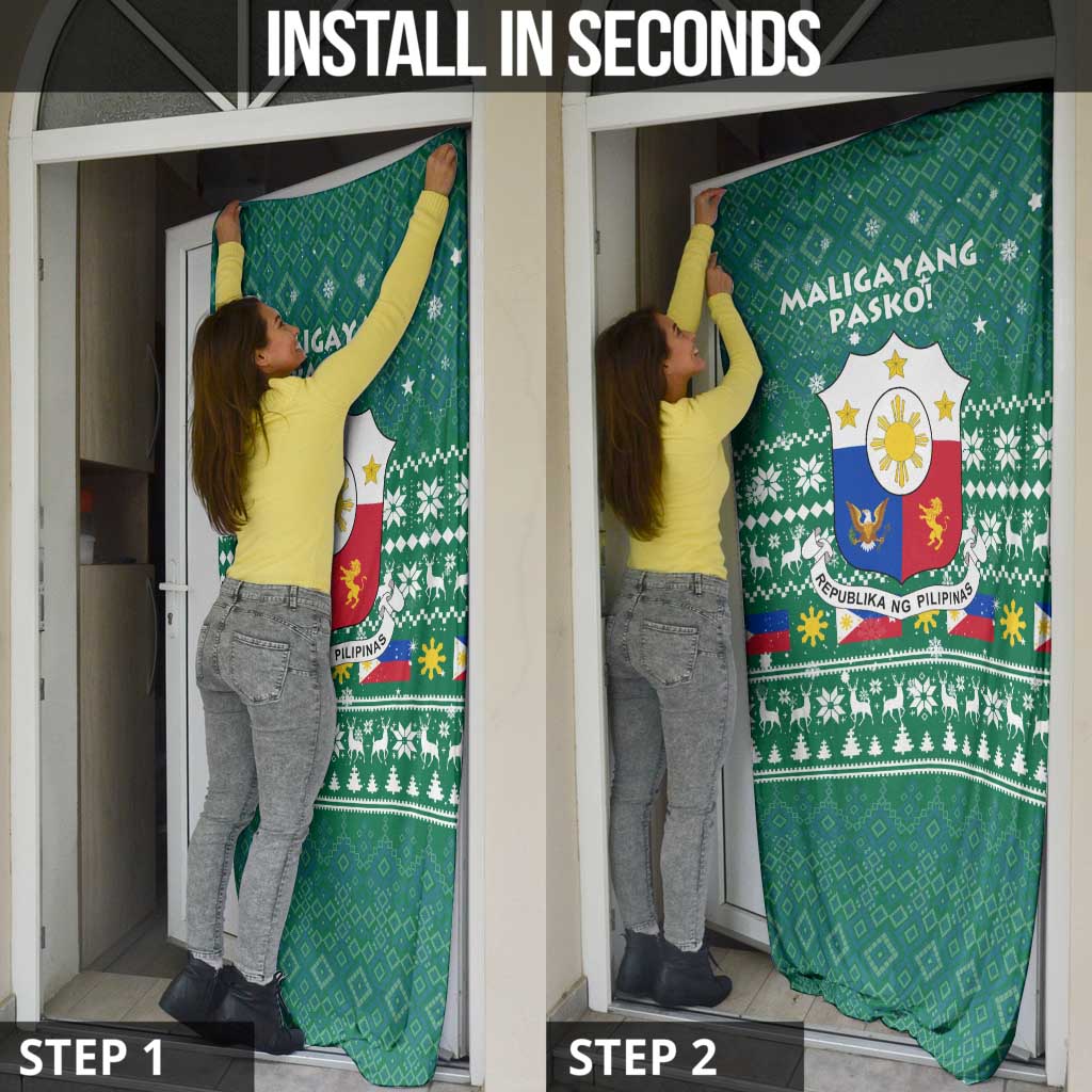 Philippines Christmas Door Cover with Green Geometric Design, Santa in Barong Tagalog, and National Coat of Arms Motif - Wonder Print Shop
