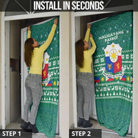 Philippines Christmas Door Cover with Green Geometric Design, Santa in Barong Tagalog, and National Coat of Arms Motif - Wonder Print Shop