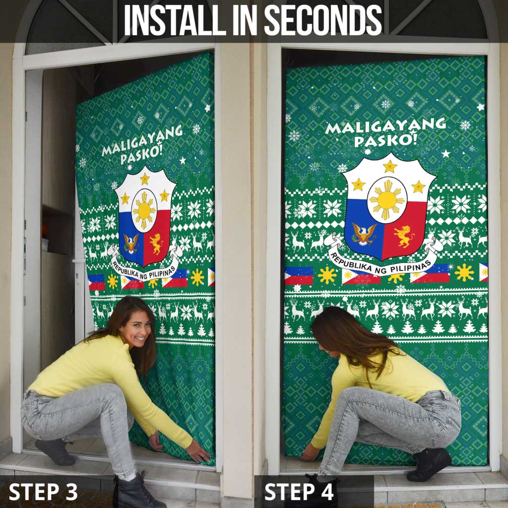 Philippines Christmas Door Cover with Green Geometric Design, Santa in Barong Tagalog, and National Coat of Arms Motif - Wonder Print Shop