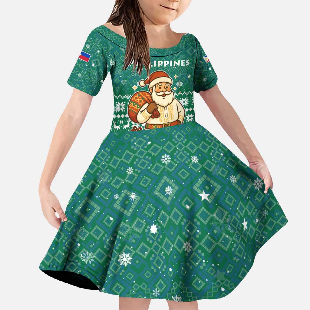 Philippines Christmas Family Matching Long Sleeve Bodycon Dress and Hawaiian Shirt with Green Geometric Design, Santa in Barong Tagalog, and National Coat of Arms Motif - Wonder Print Shop