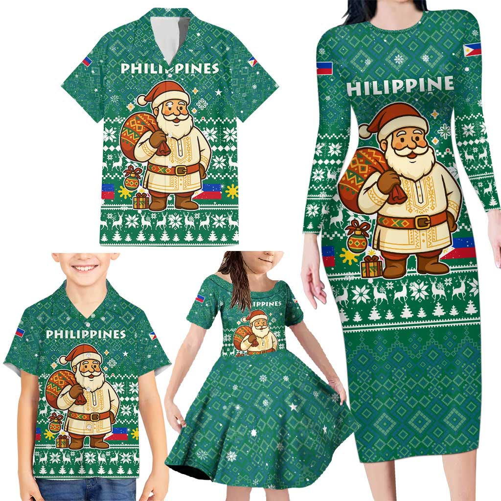 Philippines Christmas Family Matching Long Sleeve Bodycon Dress and Hawaiian Shirt with Green Geometric Design, Santa in Barong Tagalog, and National Coat of Arms Motif - Wonder Print Shop