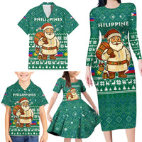 Philippines Christmas Family Matching Long Sleeve Bodycon Dress and Hawaiian Shirt with Green Geometric Design, Santa in Barong Tagalog, and National Coat of Arms Motif - Wonder Print Shop