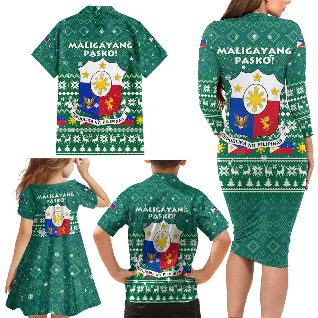 Philippines Christmas Family Matching Long Sleeve Bodycon Dress and Hawaiian Shirt with Green Geometric Design, Santa in Barong Tagalog, and National Coat of Arms Motif - Wonder Print Shop