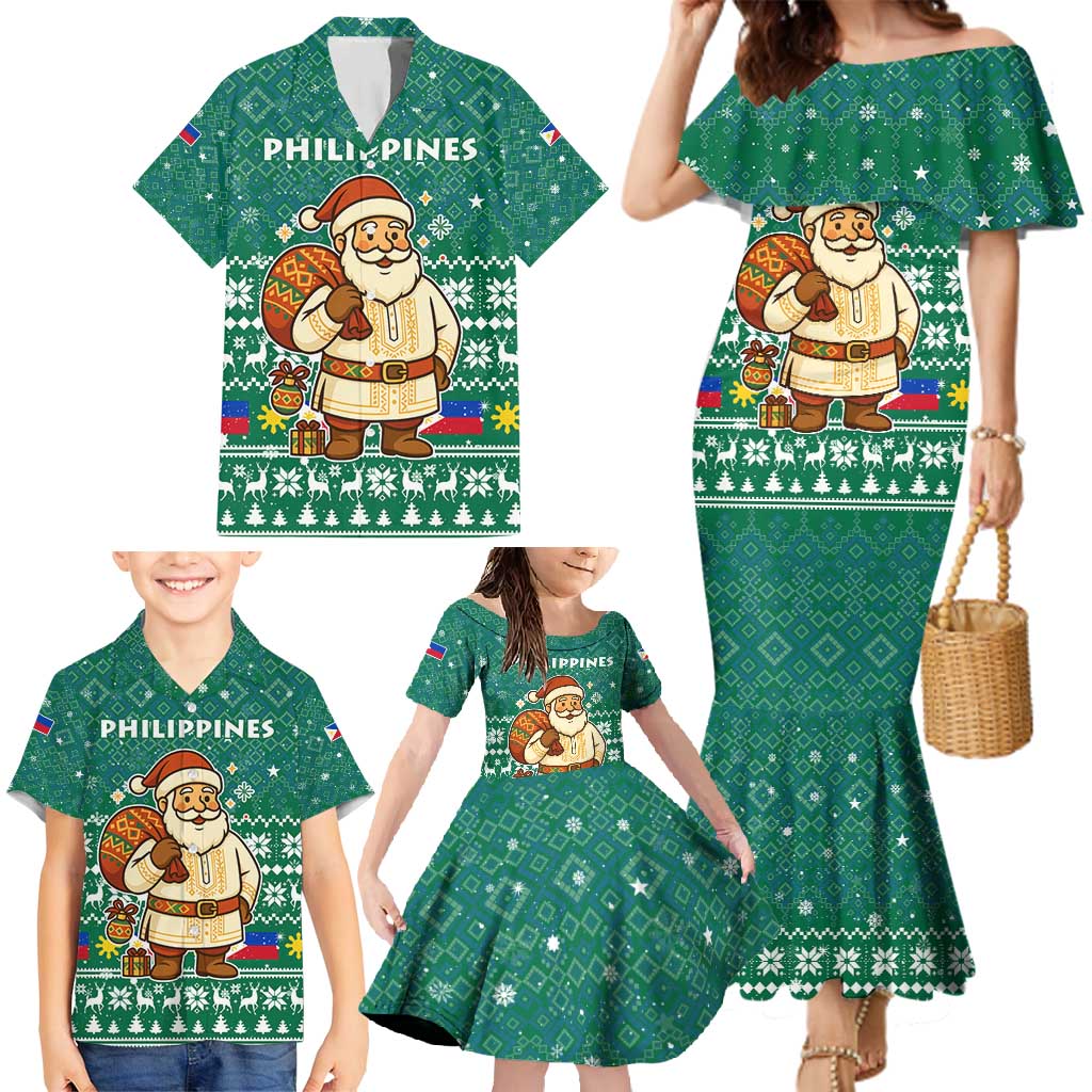 Philippines Christmas Family Matching Mermaid Dress and Hawaiian Shirt with Green Geometric Design, Santa in Barong Tagalog, and National Coat of Arms Motif - Wonder Print Shop