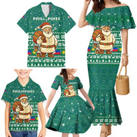 Philippines Christmas Family Matching Mermaid Dress and Hawaiian Shirt with Green Geometric Design, Santa in Barong Tagalog, and National Coat of Arms Motif - Wonder Print Shop