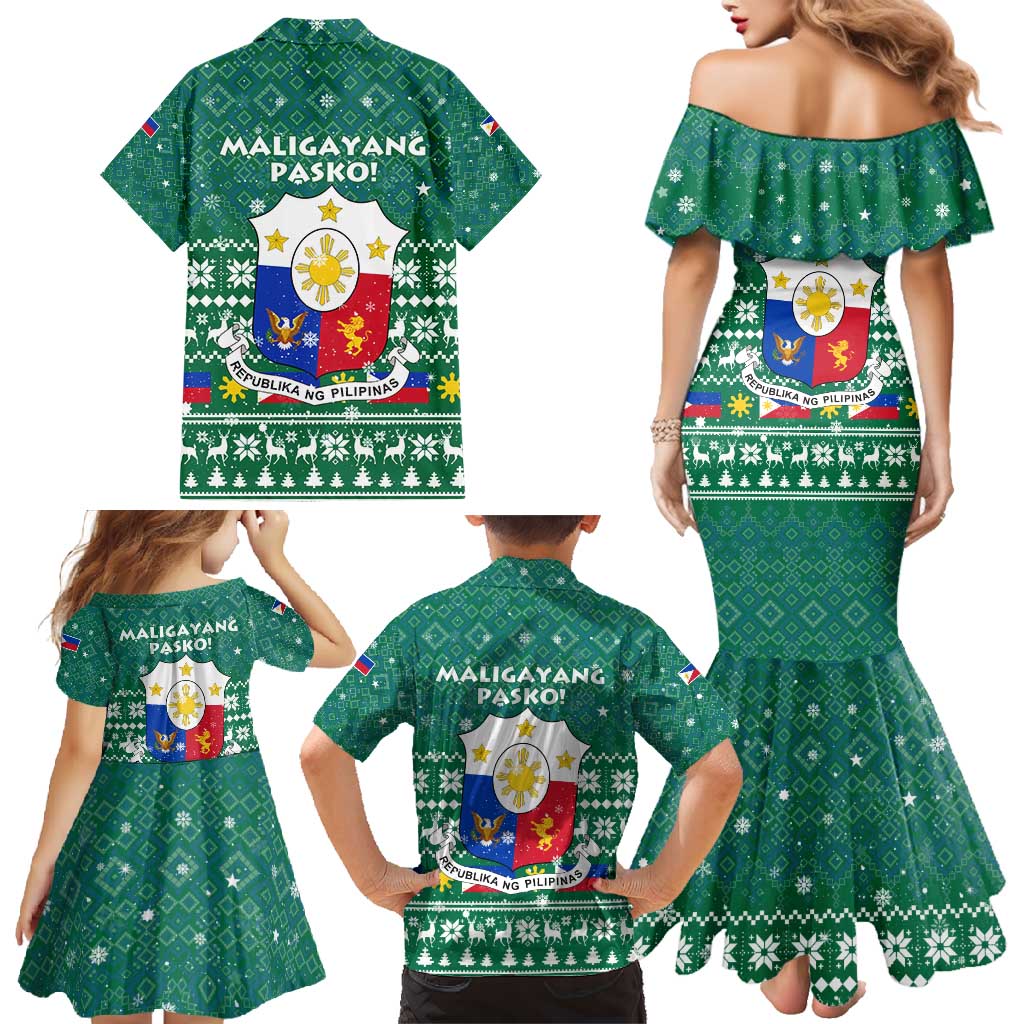 Philippines Christmas Family Matching Mermaid Dress and Hawaiian Shirt with Green Geometric Design, Santa in Barong Tagalog, and National Coat of Arms Motif - Wonder Print Shop