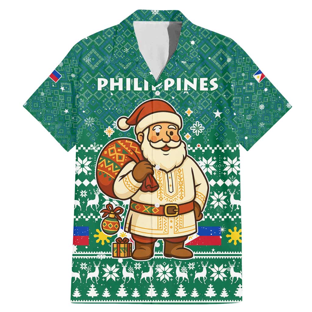 Philippines Christmas Family Matching Mermaid Dress and Hawaiian Shirt with Green Geometric Design, Santa in Barong Tagalog, and National Coat of Arms Motif - Wonder Print Shop