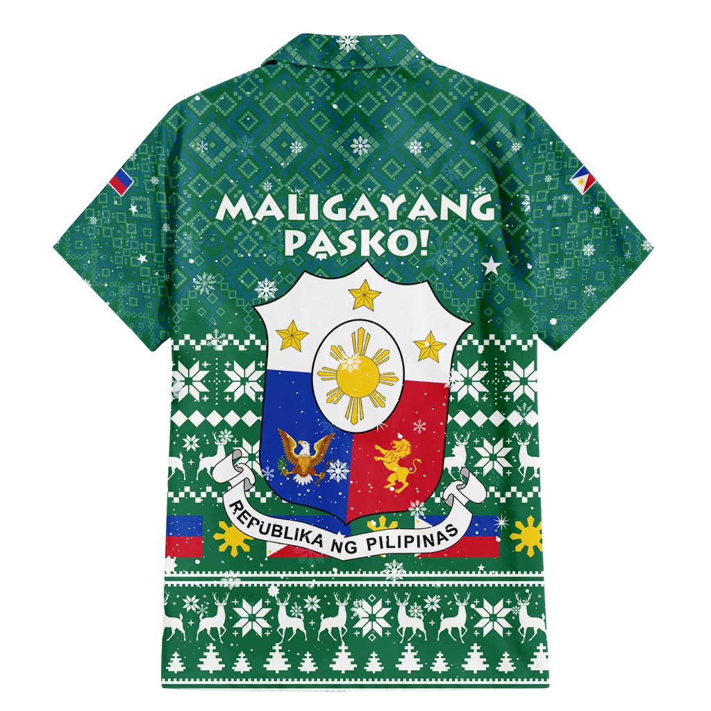 Philippines Christmas Family Matching Mermaid Dress and Hawaiian Shirt with Green Geometric Design, Santa in Barong Tagalog, and National Coat of Arms Motif - Wonder Print Shop