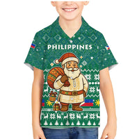 Philippines Christmas Family Matching Mermaid Dress and Hawaiian Shirt with Green Geometric Design, Santa in Barong Tagalog, and National Coat of Arms Motif - Wonder Print Shop