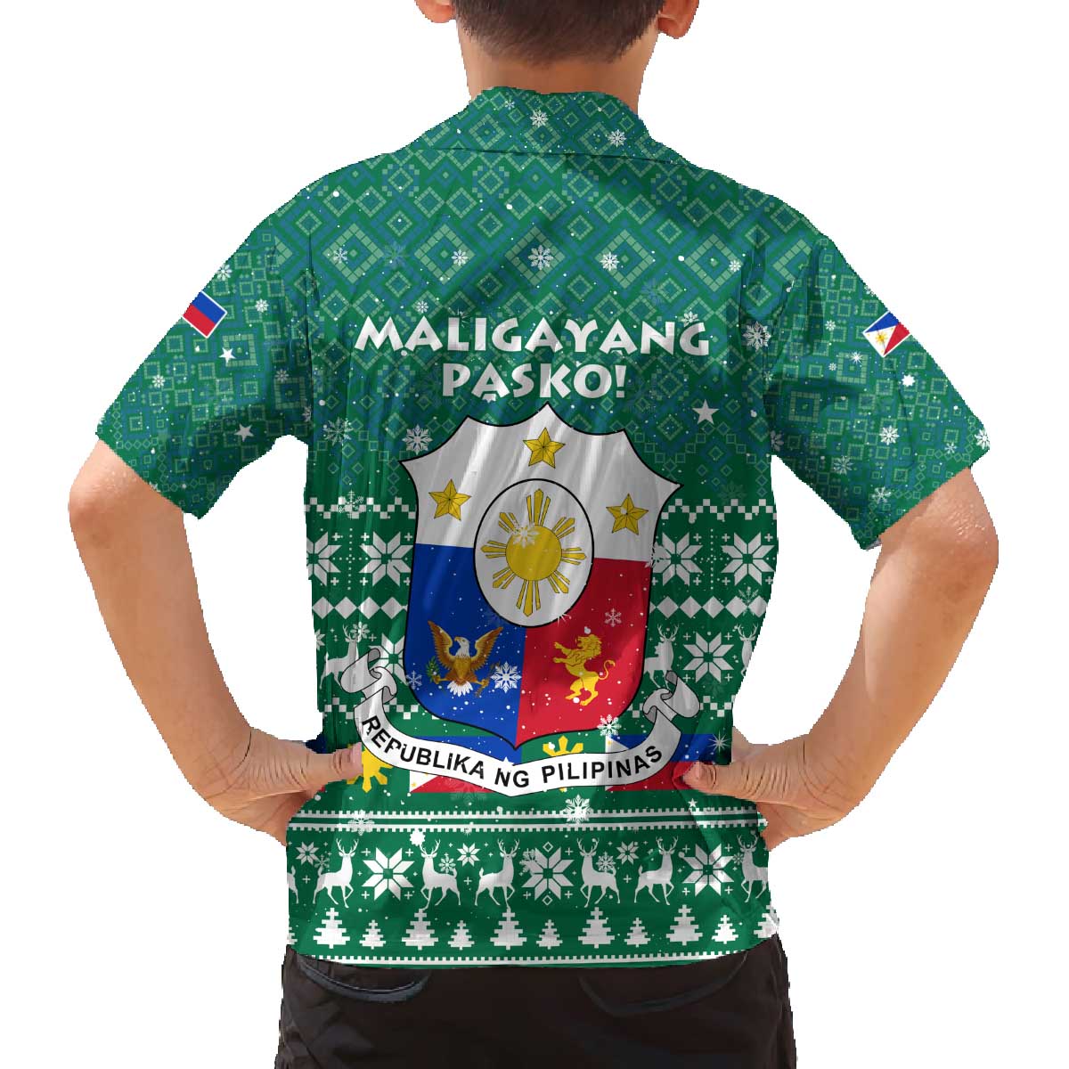 Philippines Christmas Family Matching Off The Shoulder Long Sleeve Dress and Hawaiian Shirt with Green Geometric Design, Santa in Barong Tagalog, and National Coat of Arms Motif - Wonder Print Shop