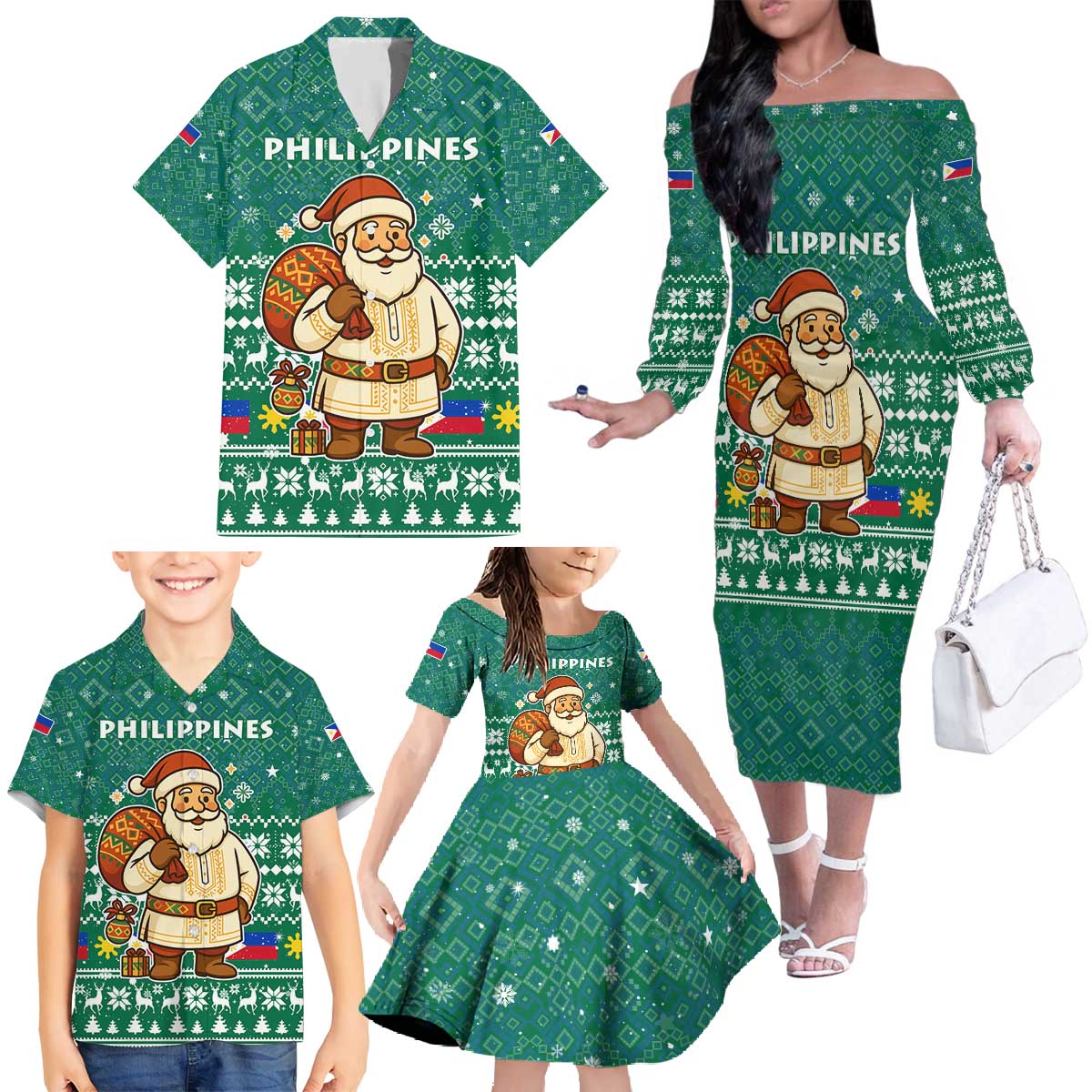 Philippines Christmas Family Matching Off The Shoulder Long Sleeve Dress and Hawaiian Shirt with Green Geometric Design, Santa in Barong Tagalog, and National Coat of Arms Motif - Wonder Print Shop