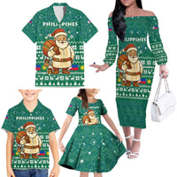 Philippines Christmas Family Matching Off The Shoulder Long Sleeve Dress and Hawaiian Shirt with Green Geometric Design, Santa in Barong Tagalog, and National Coat of Arms Motif - Wonder Print Shop