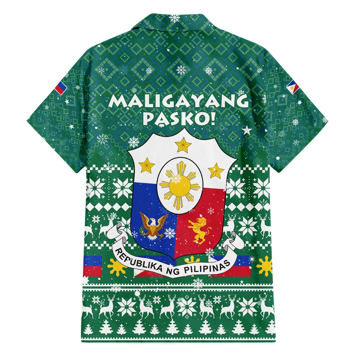 Philippines Christmas Family Matching Off The Shoulder Long Sleeve Dress and Hawaiian Shirt with Green Geometric Design, Santa in Barong Tagalog, and National Coat of Arms Motif - Wonder Print Shop