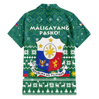 Philippines Christmas Family Matching Off The Shoulder Long Sleeve Dress and Hawaiian Shirt with Green Geometric Design, Santa in Barong Tagalog, and National Coat of Arms Motif - Wonder Print Shop