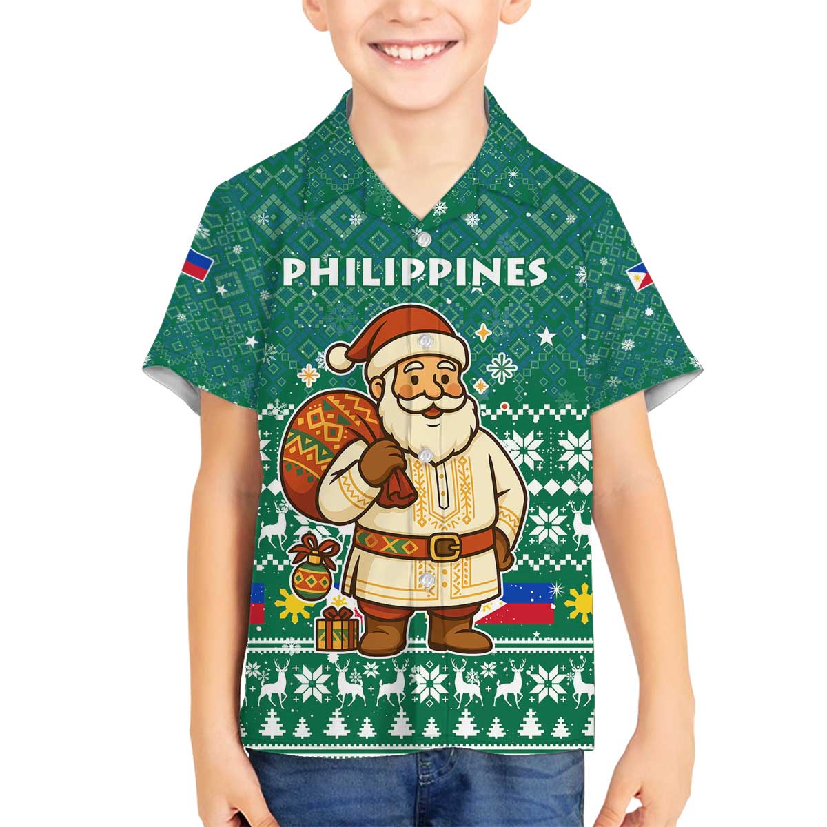 Philippines Christmas Family Matching Off The Shoulder Long Sleeve Dress and Hawaiian Shirt with Green Geometric Design, Santa in Barong Tagalog, and National Coat of Arms Motif - Wonder Print Shop