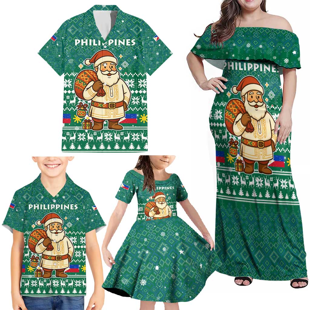 Philippines Christmas Family Matching Off Shoulder Maxi Dress and Hawaiian Shirt with Green Geometric Design, Santa in Barong Tagalog, and National Coat of Arms Motif - Wonder Print Shop
