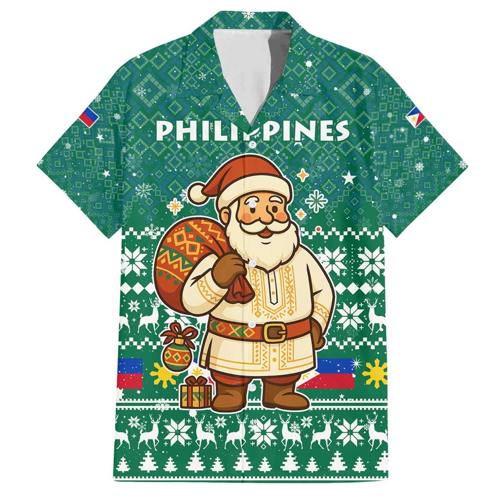 Philippines Christmas Family Matching Off Shoulder Maxi Dress and Hawaiian Shirt with Green Geometric Design, Santa in Barong Tagalog, and National Coat of Arms Motif - Wonder Print Shop