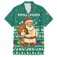 Philippines Christmas Family Matching Off Shoulder Maxi Dress and Hawaiian Shirt with Green Geometric Design, Santa in Barong Tagalog, and National Coat of Arms Motif - Wonder Print Shop