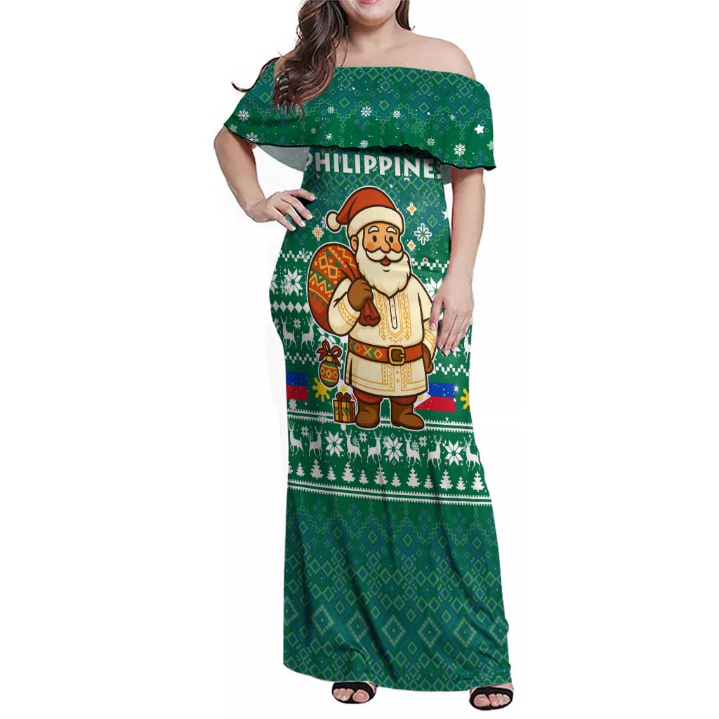 Philippines Christmas Family Matching Off Shoulder Maxi Dress and Hawaiian Shirt with Green Geometric Design, Santa in Barong Tagalog, and National Coat of Arms Motif - Wonder Print Shop