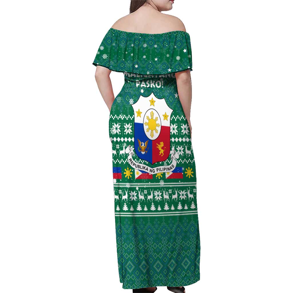Philippines Christmas Family Matching Off Shoulder Maxi Dress and Hawaiian Shirt with Green Geometric Design, Santa in Barong Tagalog, and National Coat of Arms Motif - Wonder Print Shop