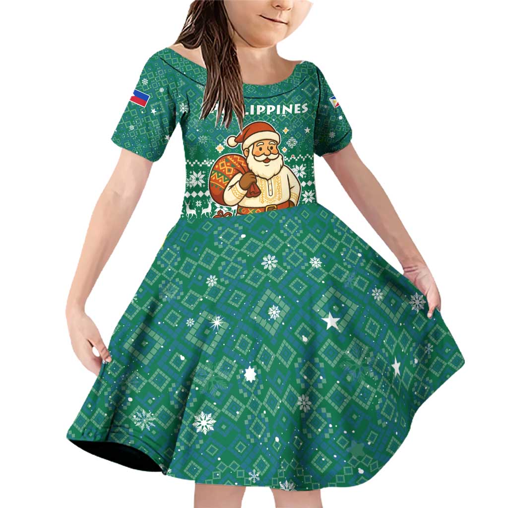 Philippines Christmas Family Matching Off Shoulder Short Dress and Hawaiian Shirt with Green Geometric Design, Santa in Barong Tagalog, and National Coat of Arms Motif - Wonder Print Shop