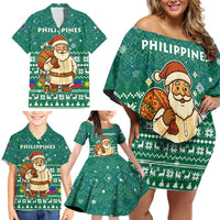 Philippines Christmas Family Matching Off Shoulder Short Dress and Hawaiian Shirt with Green Geometric Design, Santa in Barong Tagalog, and National Coat of Arms Motif - Wonder Print Shop