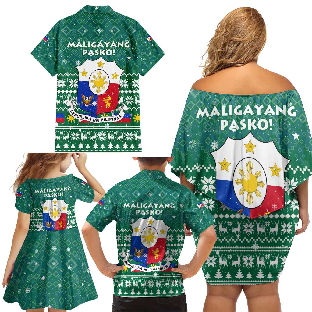 Philippines Christmas Family Matching Off Shoulder Short Dress and Hawaiian Shirt with Green Geometric Design, Santa in Barong Tagalog, and National Coat of Arms Motif - Wonder Print Shop