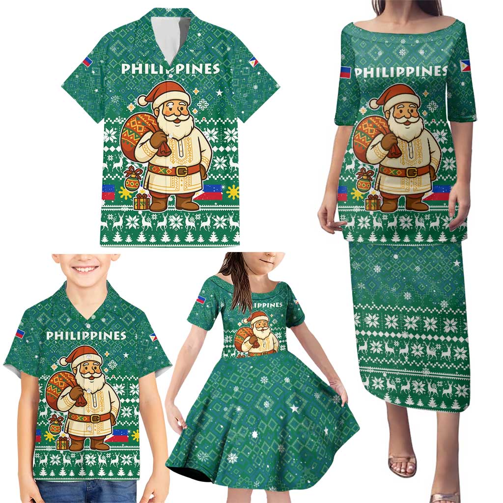 Philippines Christmas Family Matching Puletasi and Hawaiian Shirt with Green Geometric Design, Santa in Barong Tagalog, and National Coat of Arms Motif - Wonder Print Shop