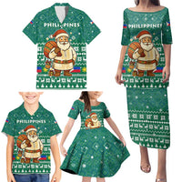 Philippines Christmas Family Matching Puletasi and Hawaiian Shirt with Green Geometric Design, Santa in Barong Tagalog, and National Coat of Arms Motif - Wonder Print Shop