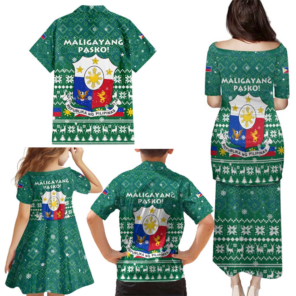 Philippines Christmas Family Matching Puletasi and Hawaiian Shirt with Green Geometric Design, Santa in Barong Tagalog, and National Coat of Arms Motif - Wonder Print Shop